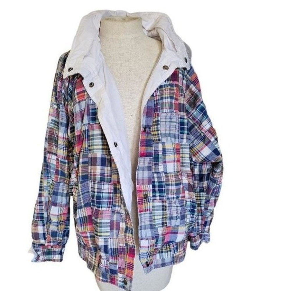 vintage IZZI‎ 1985 Reversible Jacket size Medium snap button rain hood plaid wht